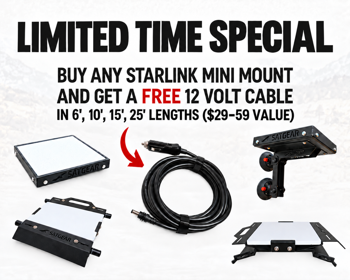 Limited time special: buy any Starlink Mini mount and get a free 12 volt cable in 6, 10, 15 or 25 foot lengths ($29–59 value).
